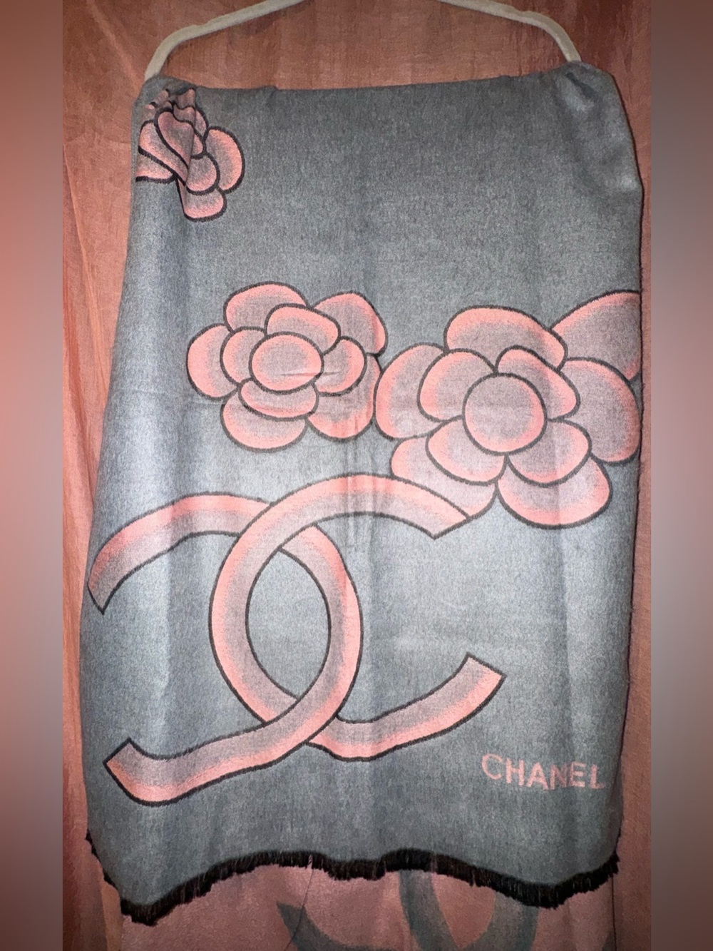 Vintage Chanel Cashmere/Silk Blend CC Logo Camellia Wrap in Grey/Pink 72”x26” - Picture 9 of 15
